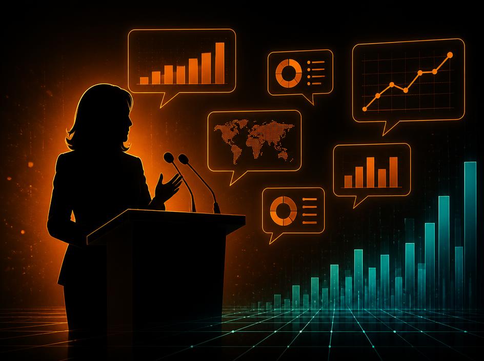 Silhouette of a female public figure at a podium surrounded by abstract data clusters